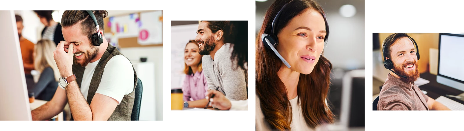 Mitarbeitende mit Headsets arbeiten, lachen und kommunizieren in verschiedenen Bürosituationen