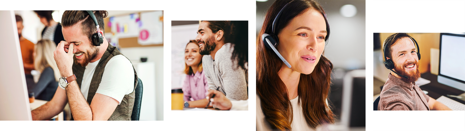 Mitarbeitende mit Headsets arbeiten, lachen und kommunizieren in verschiedenen Bürosituationen