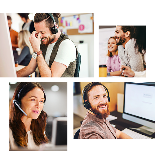 Mitarbeitende mit Headsets arbeiten, lachen und kommunizieren in verschiedenen Bürosituationen