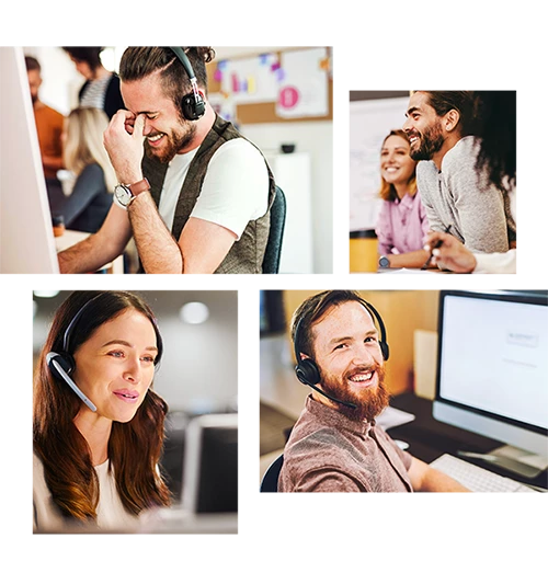 Mitarbeitende mit Headsets arbeiten, lachen und kommunizieren in verschiedenen Bürosituationen