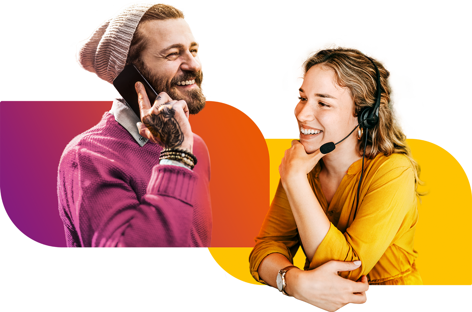 Zwei Personen kommunizieren fröhlich per Telefon und Headset