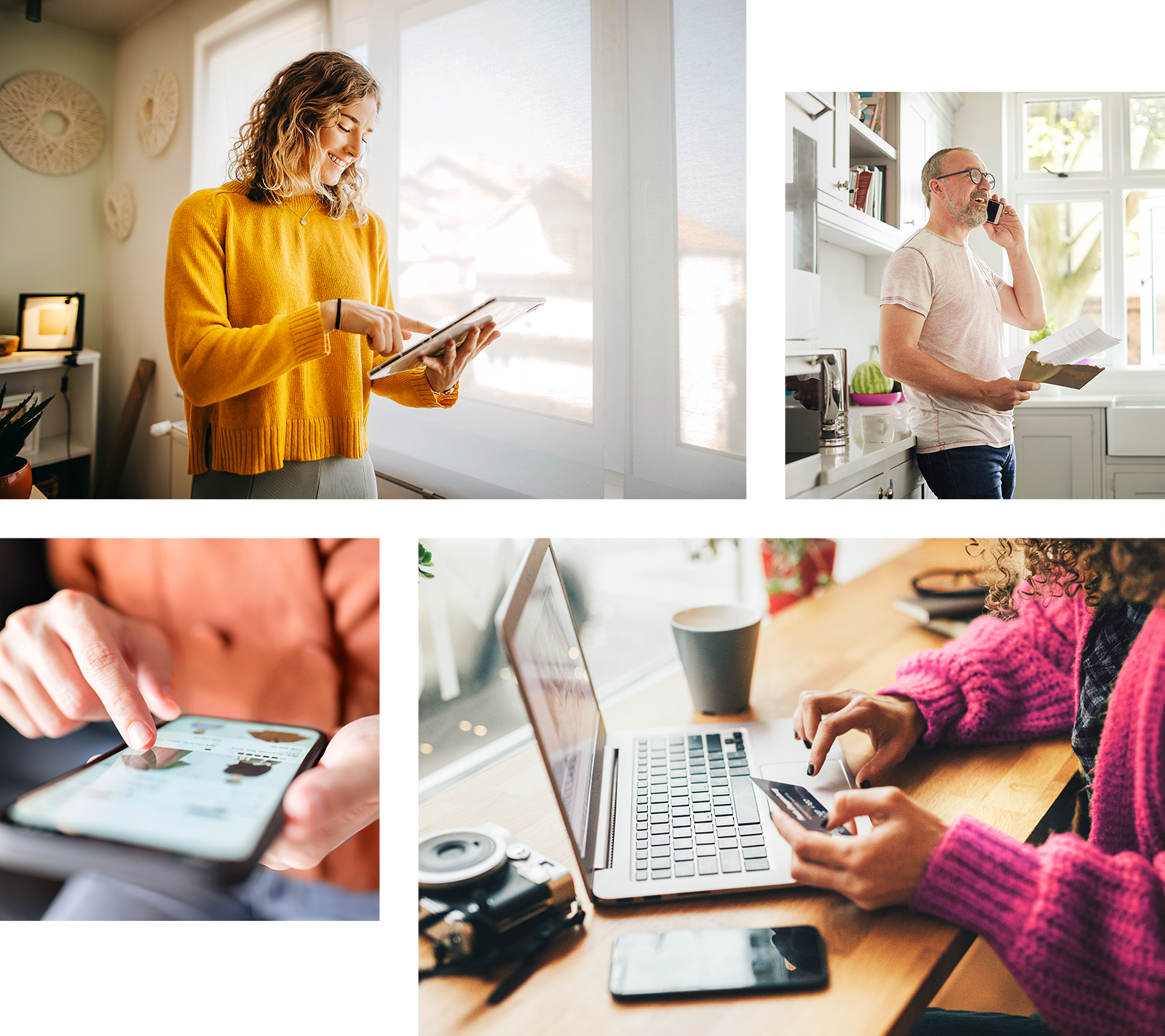 Personen arbeiten in verschiedenen Umgebungen mit Tablets, Smartphones und Laptops