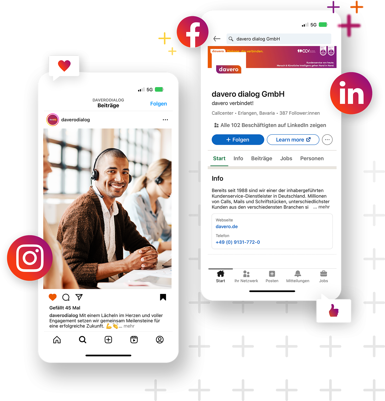 Zwei Smartphone-Screens: Ein Social-Media-Post mit Mitarbeitendem im Callcenter und ein LinkedIn-Firmenprofil